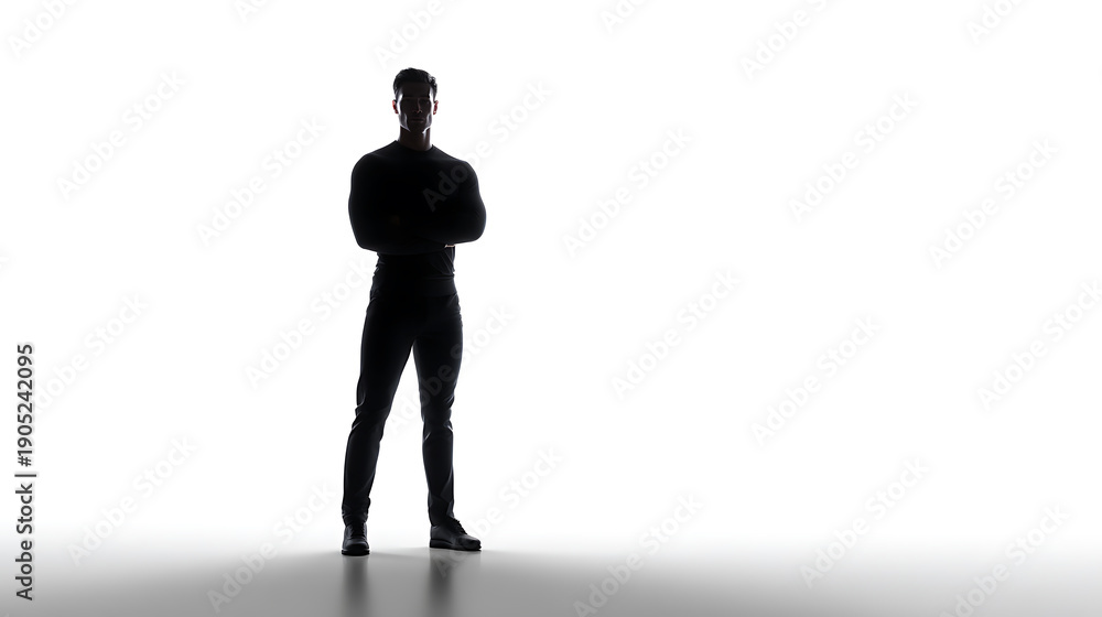 Obraz premium A silhouette of a man stands confidently with arms crossed, conveying strength and determination. The man is wearing a dark suit. A bright background creates a striking contrast