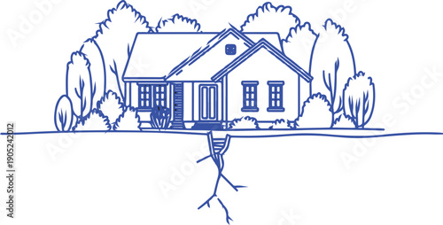 Blue line of house with cracked ground line house home