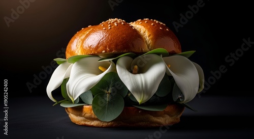A visually striking, abstract composition featuring a brioche bun adorned with elegant white calla