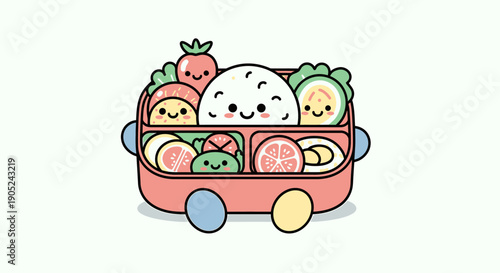 A cartoon lunch box filled with smiling food items on a plain white background from a front viewpoint