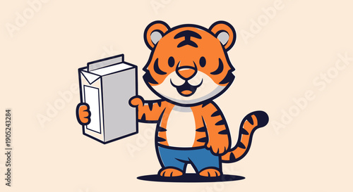 Cartoon tiger character holding a carton of milk in a playful stance