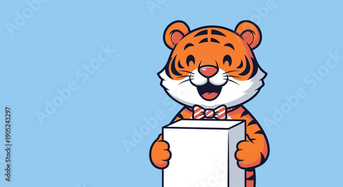 A cartoon tiger holding a blank white sign with a cheerful expression against a light blue background from a frontal viewpoint