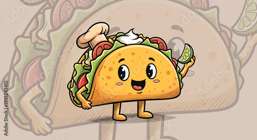 A cartoon taco character happily holding a taco and standing on a table, surrounded by food illustrations.