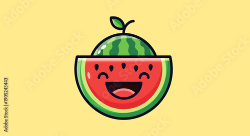 A cartoon watermelon slice with a smiling face, illustration of a happy fruit, front view on a bright background