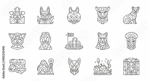 Collection of Ancient Artifact Illustrations Featuring Animal Heads and Cultural Relics