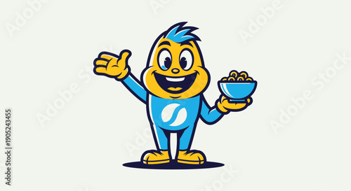 A cartoon character happily holding a bowl and gesturing welcome with a friendly gesture