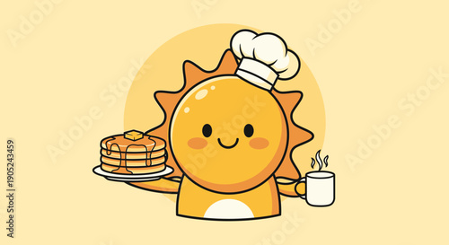 A cheerful sun character in a chef's hat holding pancakes and coffee in a bright morning scene