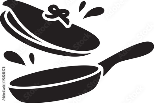 Frying pan with lid flying off, splashing pastry food, black vector illustration