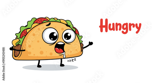 A cartoon taco character with a hungry expression standing on a plain white background with the word Hungry written beside it