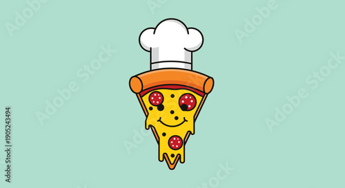 A cartoon pizza slice with a chef hat on a light green background is viewed from the front