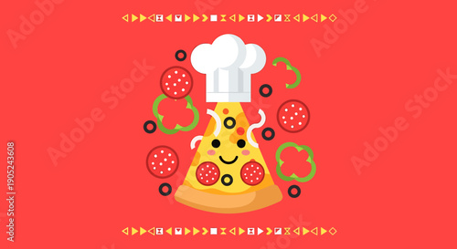 A cartoon pizza bell pepper wearing a chef's hat surrounded by pizza toppings on a red background