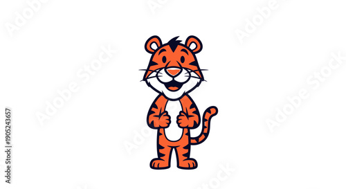 A cartoon tiger stands on its hind legs with a friendly gesture