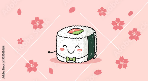 A cartoon sushi roll surrounded by falling cherry blossoms, viewed from directly above.