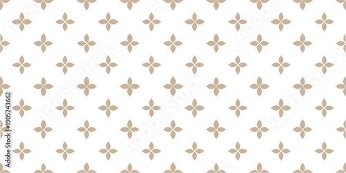 Seamless beige geometric floral pattern with small symmetrical motifs on a light background. Elegant repeating ornament ideal for wallpaper, fabric, stationery, and surface design. 