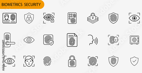Innovative line art illustrations of biometric security elements, perfect for illustrating digital identity, cyber protection, and technological advancements.