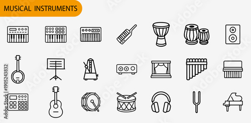 A collection of various musical instrument icons. A flat design.