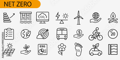 A comprehensive collection of interconnected concepts illustrates the pursuit of Net Zero, from renewable energy to carbon reduction.