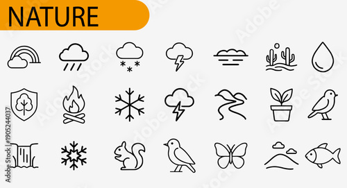 A captivating collection of minimalist nature icons, meticulously designed to embody the essence of the great outdoors. Representing a range of elements.