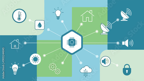 Schematic of connected devices central to a computer chip icon
