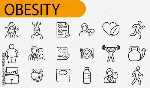 Obesity Icon Collection: A comprehensive set of line icons illustrating various aspects of obesity, health, and wellness. 