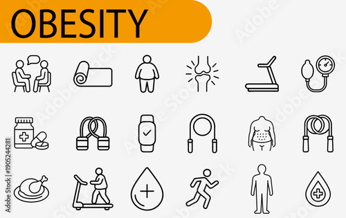 Icons related to Obesity: A collection of concise icons portrays key aspects of the physical and psychological impact of obesity.