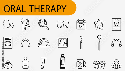 Dental Care Icon Set: An array of detailed icons representing the tools and concepts essential to oral health care, neatly arranged, indicating the comprehensive nature of dental therapy.