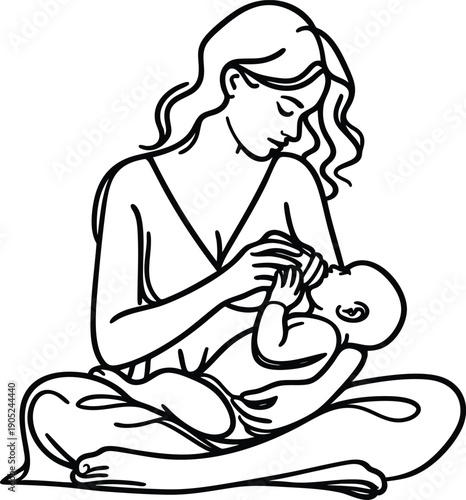 Mother breastfeeding baby in a minimalist line art style representing maternal love and bonding perfect for healthcare or family concepts isolated on white background