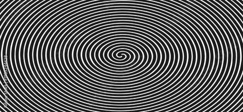 Black concentric circle texture. Radial geometric pattern background. Linear, radar, target concept. Round rippled halftone ring wallpaper for brochure, template, poster, overlay, vector illustration.