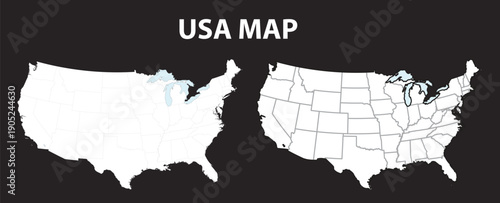 Set of three stylized map outlines of the united states of america showing different fill patterns. Contour Map of United States of America with State Borders,  vector illustration.