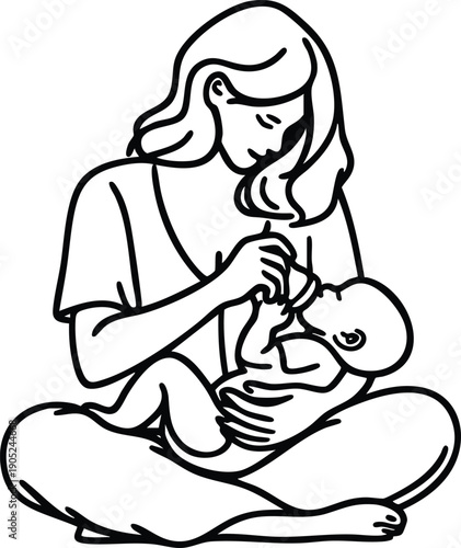 Mother feeding baby with bottle simple line art illustration representing maternal care and nurturing perfect for healthcare or family concepts isolated on white background