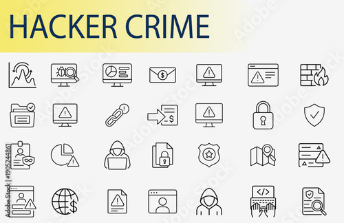 Cyber Crime Icons: A comprehensive set of icons depicting various facets of cybercrime. The visual language conveys security, risk, and technological threats.
