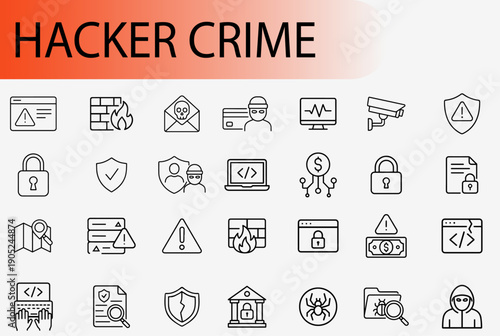 Cybercrime Icons: A visual representation of cyber threats and security measures. Icons include firewalls, hacking, security breaches, and data protection.