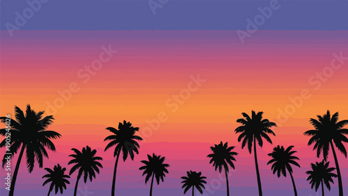 Silhouette of palm trees against a beautiful, colorful sunset