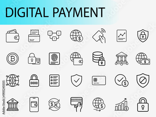 Digital Payment Icon Set: A comprehensive collection of digital payment icons, illustrating various aspects of online transactions, security, and financial technology.