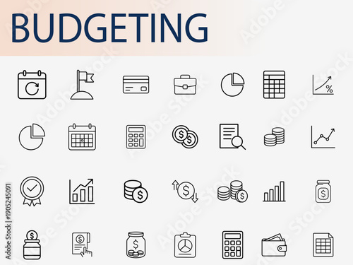 Financial Planning: A collection of icons representing essential elements of budgeting and financial management. Illustrating concepts like planning, saving, and investing. 