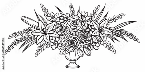 A detailed black and white illustration of a floral bouquet in a vase
