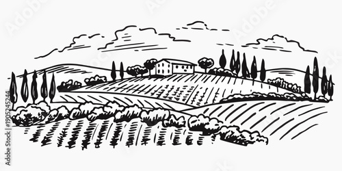 A serene countryside landscape featuring a house vineyards and rolling hills