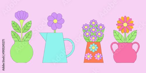 Colorful flower arrangements in whimsical vases a charming illustrated design