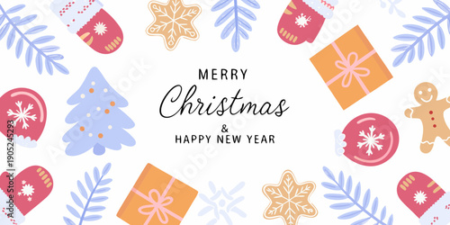 Festive christmas background with snowflakes gifts and holiday greetings