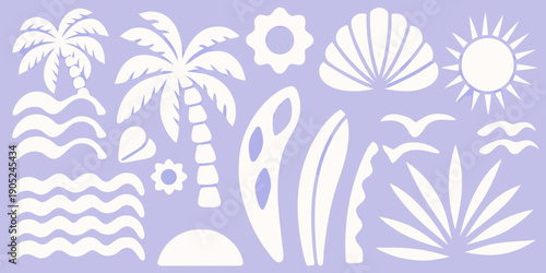 Pastel summer motifs palm trees shells waves and sun shapes on light purple