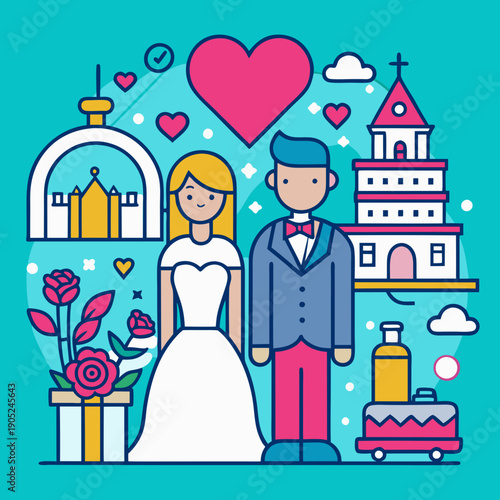 Happy bride and groom surrounded by diverse wedding symbols in flat design style