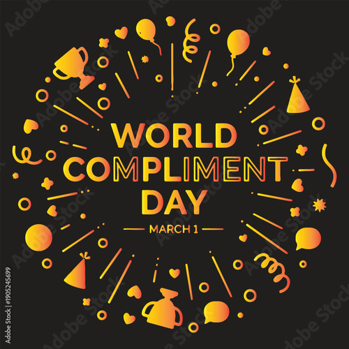 World Compliment Day Radial Burst Vector with Golden Gradient Icons on Dark Background – March 1