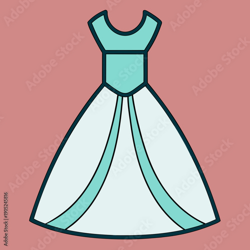 A charming cartoon illustration of a princess gown with a light blue bodice and flowing white skirt