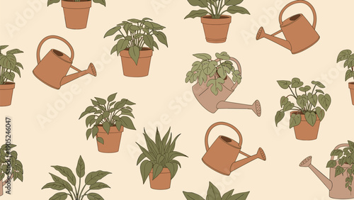 Seamless repeating pattern of various green indoor potted plants and terracotta watering cans on a warm beige background for nature lovers.