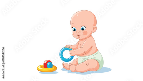 Adorable cartoon baby with big blue eyes sitting on a white background and playing happily with colorful plastic ring stacking toys.