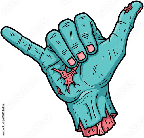 A scary blue decaying zombie hand making a shaka hang loose sign with bloody wounds and exposed bones for spooky Halloween horror graphic designs.