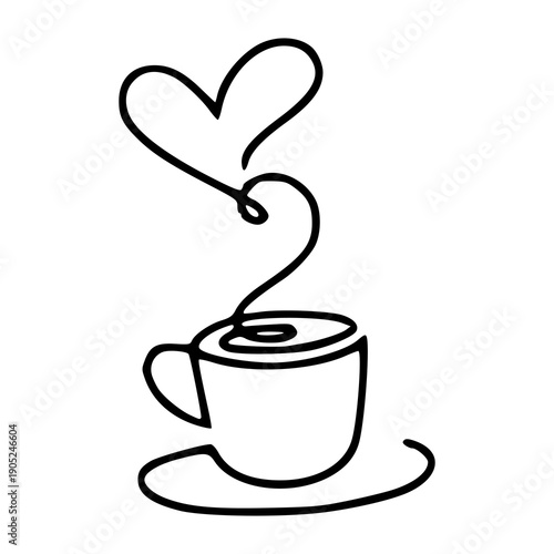 coffee cup with heart shaped steam monoline art illustration