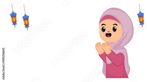 cute little muslim girl wearing a headscarf with a praying gesture. Cute muslim girl animation wearing hijab with praying pose. kid Praying animation