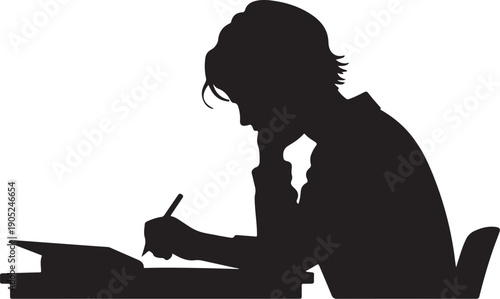Silhouette of a person writing at a desk chair