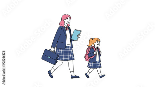 Two cheerful schoolgirls wearing blue uniforms walking together with a backpack, a briefcase, and a digital tablet for their studies.